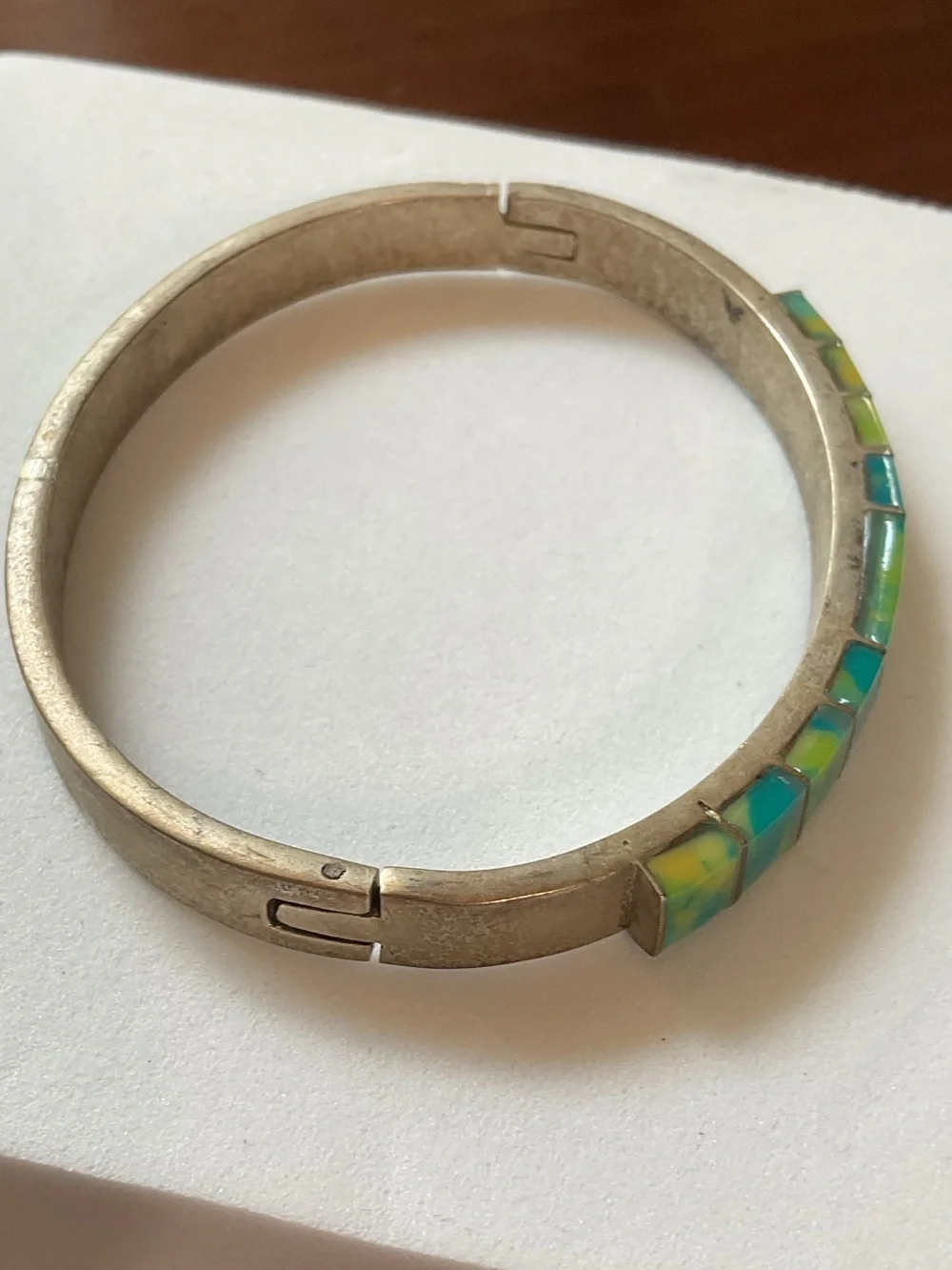 Vintage Mexico Acrylic Blue Green Inlay Silver Tone Bangle Bracelet